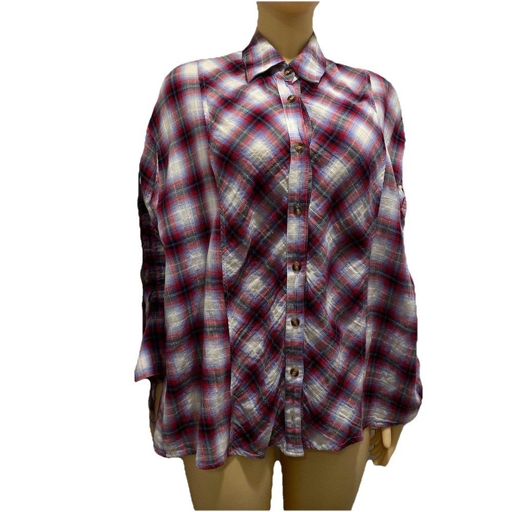 Easel Patchwork Gauzy Oversized Boho Button Up Shirt Pockets Shirt Top Size S